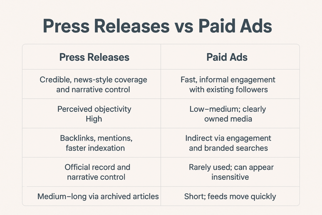 Table visual comparing press releases to paid ads.