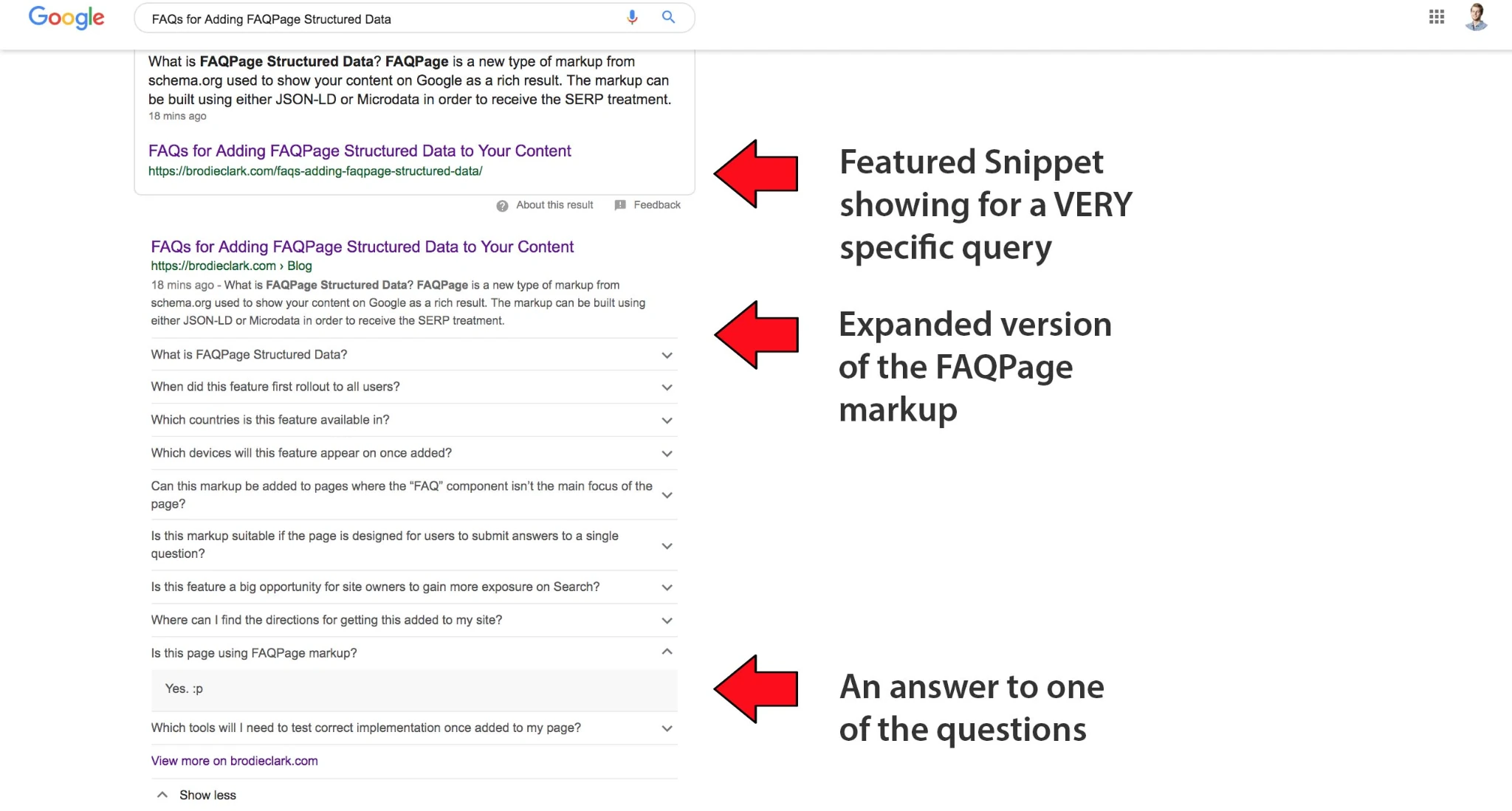 Example of FAQPage schema markup generating featured snippets and expanded FAQ results in Google search